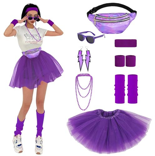 Cckuu 80er Jahre Kostüm für Frauen Mädchen Wasserdichte Bauchtasche Hüfttasche Stirnband Armbänder Beinwärmer Ohrringe Sonnenbrille 80er Jahre Zubehör für Neon 80er Jahre Fun Run Teams (Lila)