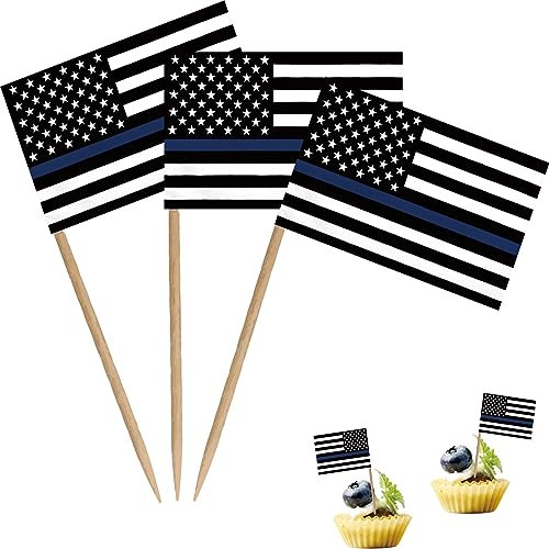 Lot de 100 cure-dents fins en forme de drapeau de police américaine pour honorer les officiers de l'application de la loi, petits cocktails, fruits, cupcakes