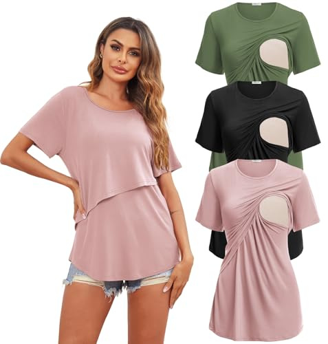 Ekouaer Short Sleeve Tops for Women Pregnancy Solid Round Neck Tees Soft Nursing Blouse 3 Pack Postpartum Loungewear Black+Army Green+Dirty Pink M