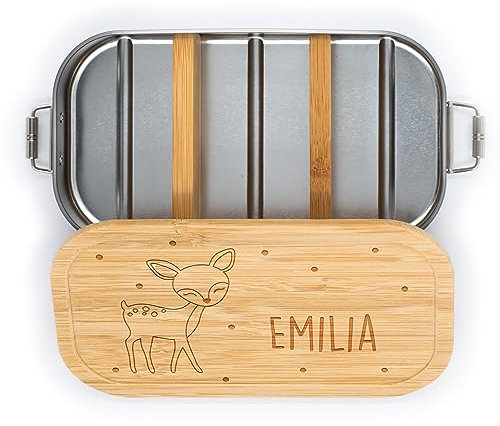 Kidsmood- Personalisierte brotdose mit Bambusdeckel, Individuelle Edelstahl lunchbox für kinder mit Wunschnamen, Ideal für Schule und Kindergarten, personalisierte Geschenke Kinder