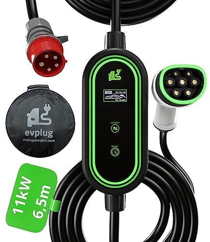 EVPLUG® Chargeur de Voiture électrique 11 KW 6-16 A 6,5 mètres, Chargeur EV Type 2 avec Prise CEE triphasée, Chargeur de Voiture électrique Portable avec Affichage Numérique Contrôlable