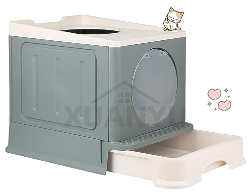 XUANYU Groß Katzentoilette mit Abdeckung, Geschlossene Katzentoilette, Groß Katzenklo mit Deckel und Schaufel, 2 Eingangstüren, Geräumig für Katzen bis 7 kg/15 lbs (Grau L-45×34×39 cm)