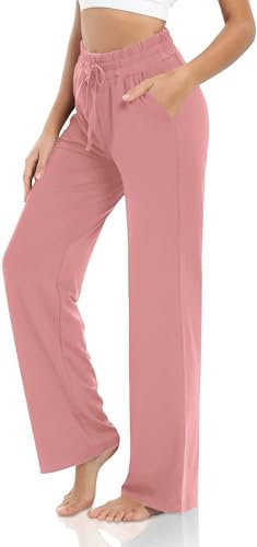 VIGVAN Jogginghose Damen Baumwolle Weites Bein Yogahose Sweatpants Freizeithose Lang Kordelzug Lose Lounge Pants Jogging Hose Hausehose Sporthose mit Taschen (Rosa, XXL)