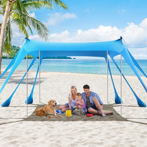 Rhino Valley 2,1x2m Tenda da Spiaggia Ultra Stabile Portatile, Protezione UV UPF50+ Tenda da Mare per 4 Persone Super Antivento con 8 Ancoraggi a Sabbia Riempibili e 4 Aste in Alluminio, Cielo Blu