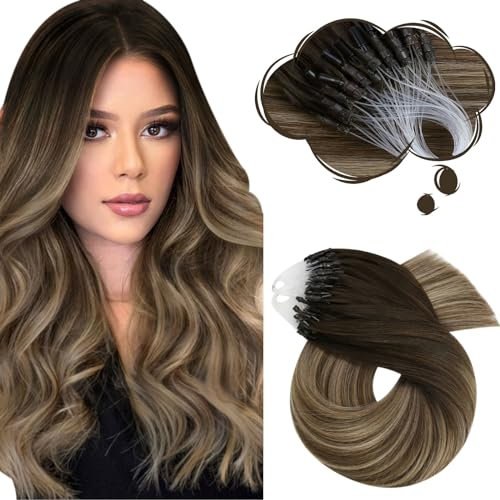 Moresoo Microring Extensions Echthaar 45 cm Braun bis Goldbraun mit Goldblond Haar Extensions Seidenglatt Für Jede Tätigkeit 50G 50Stränge #4/10/16