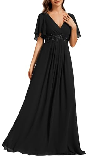 Ever-Pretty Women's Spring Short Sleeve Bridesmaid Dresses V-Neck Chiffon Ruched Empire Waist Appliques Long Formal Dress Black US14