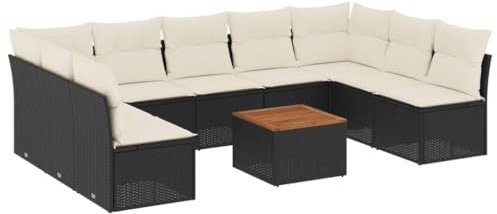 vidaXL Garten Sofa Garnitur 10-TLG., Gartenmöbel Set mit Kissen, Sitzgruppe für Garten Terrasse, Modular Gartensofa Lounge Tisch, Schwarz Poly Rattan