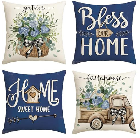 Artoid Mode Eukalyptus Hortensie Blumenkorb LKW Frühling Kissenbezüge 4er Set, 45x45 cm Lastkraftwagen Zierkissenbezug Cushion Cover Wohnzimmer Deko