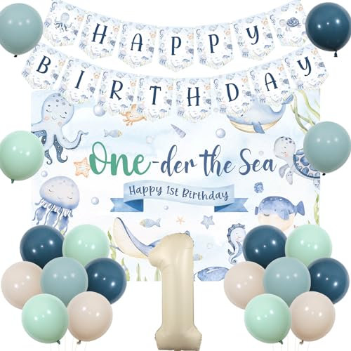 JOYMEMO Under the Sea 1st Birthday Party Decorations for Boys Ocean Theme One-der the Sea Backdrop Set with Underwater World Banner Retro Balloons for Marine Animals One Year Old Party Decor