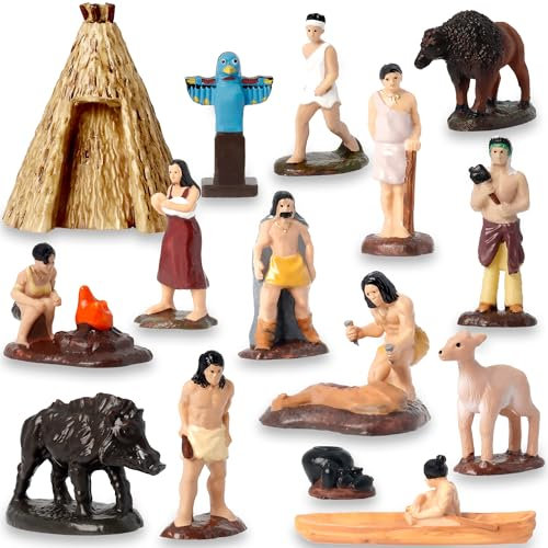 Hiawbon 15-teiliges Indianer-Figuren-Set, Miniatur-Indianer-Figuren mit Zubehör, Harz-Indianer-Figuren, Spielfiguren-Spielsets für Kinder ab 3 Jahren