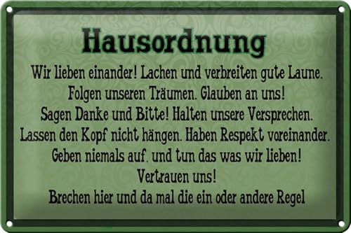 Schild Blech 30x20cm - Made in Germany - Spruch Hausordnung wir lieben einander Metall Deko Blechschild