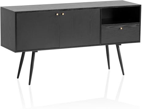 FineBuy Sideboard 140x75x40 cm Kommode Schwarz mit Eiche-Dekor Zeitlos, Hoher Kommodenschrank, Standschrank Wohnzimmer mit 2 Türen und Schublade, Anrichte mit offenem Fach