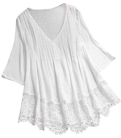 Boho Shirt for Older Women Boho Peasant Linen Floral Tops Embroidered Lace Loose Fit Blouses Ruffle Front Hippie Long Sleeve Clothing Retro 3/4 Sleeve Gauze Bohemian Style