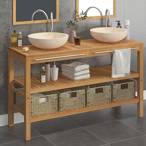 LAPOOH Waschtisch Massivholz Teak mit Waschbecken Marmor Creme, Waschbeckenunterschrank, Badezimmerschrank, Badezimmermöbel, Badschrank, Badezimmer Unterschrank, Badezimmer Möbel 3058183