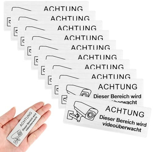 simarro Videoüberwachung Schild, Selbstklebend Aluminium Achtung VideoüBerwachung Schild 85mm×30mm Klein Aufkleber Videoüberwachung Achtung Privatgrundstück (10 Stück Silber)