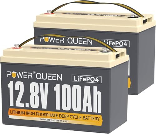 Power Queen 2Piezas 12.8V 100Ah Batería LiFePO4 con 100A BMS,Bbatería de Litio 2560Wh,de 4000 a 15000 Ciclos,Soporte en Serie/Paralelo,Utilizado Para el Sistema Solar Doméstico,RV,Vida Fuera de la Red