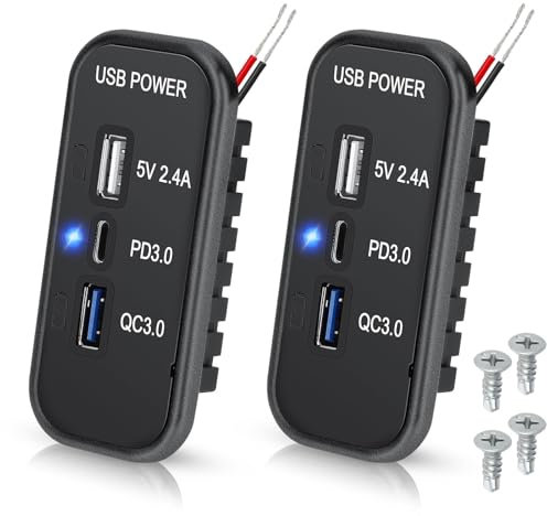Linkstyle 3 Puertos 12V USB Outlet, PD3.0 Tipo C QC3.0 USB A & 2.4A USB A Adaptador de Carga rápida para Coche -2pcs