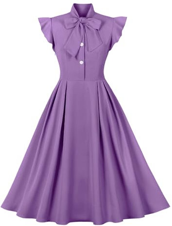 Donna Anni '50 Abito da Cocktail retrò Vintage Manica Corta A Pois Rockabilly Swing Vestito Elegante Abito da Sposa Sera Vestito al Ginocchio Pieghe Gonna Viola Chiaro L