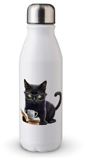 MAXIKIWI - Botella de agua de una sola pared con tapa de rosca, aluminio ligero sin aislamiento, sin BPA, a prueba de fugas, libro de lectura de gato negro, 500 ml