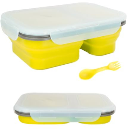 Generico JO HOUSE Contenitore per il pranzo in Silicone senza BPA per uso alimentare riutilizzabile a due scomparti pieghevole 600ml e 450ml con cucchiaio e forchetta 2 in 1, colore Giallo.