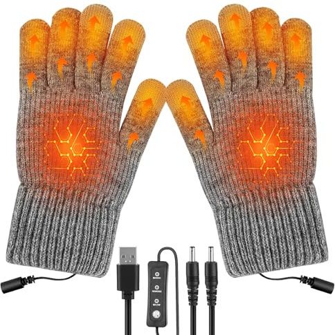 Aytop USB Beheizte Handschuhe Damen und Herren, Voll Finger Handwärmer Winterhand Warme Handschuhe Einstellbarer Temperatur Waschbares Beheizbare Handschuhe Winterhandschuhe für Ski Wandern(Grau)