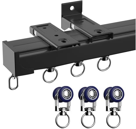 Schwerlast Gardinenstange Aus Aluminium, Vorhangschiene mit Stummen Rollen, Decken-oder Wandmontage-Vorhangschienensyst, zur Unterstützung Schwerer Vorhänge, Wohnmobil-Raumteiler(Noir,1.6m(5.2ft))
