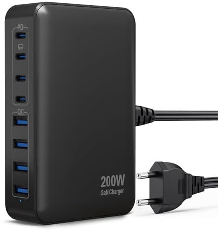 200W Chargeur USB C, Chargeur Rapide avec GaN Tech, 8 Ports PD QC 3.0 Prise Multiple, 65W Adaptateur Chargeur Laptop Compatible avec MacBook Pro/Air/Pixelbook/ThinkPad/Galaxy/SteamDeck/Tablette