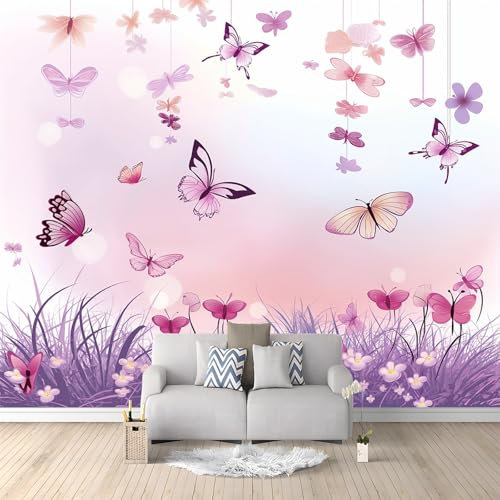 Papel pintado morado con mariposas y lavanda, 250 x 175 cm, pintura de pared morada, para sala de estar, dormitorio de niños, niñas, guardería, fondo decorativo