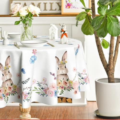 Artoid Mode Hase Blumen Blätter Ostern Tischdecke Rund 120 cm, Saisonnal Frühling Fleckschutz Tischwäsche Küche Dekoration Party Dekor