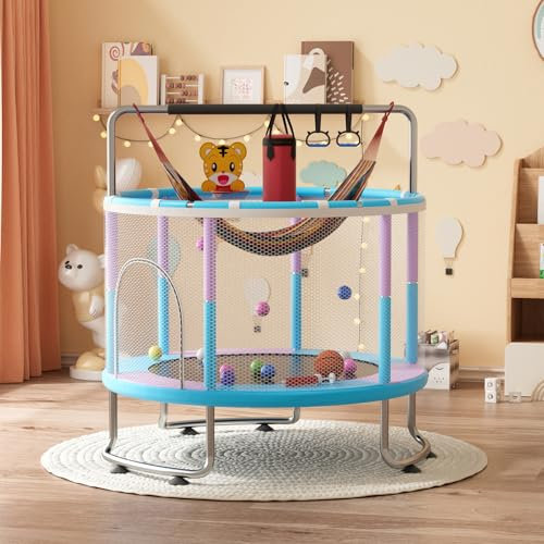 kamulouk 5Ft Toddler Trampoline, Adjustable Baby Toddler Trampoline with Basketball Hoop, Swing, Sandbag, Ocean Balls, 440lbs Indoor Outdoor Kids Trampolines with Enclosure Net for Kids Exercise