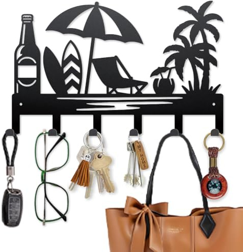 MAYJOYDIY Schlüsselhaken Aus Metall Mit Motiv Urlaub Strand Kokosnussbaum Surfbretter Garderobe Zur Wandmontage 40 × 25cm Mit 6 Haken Zum Aufhängen von Geschenken Mänteln Hüten Handtüchern Und Taschen