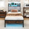 RELAX4LIFE Single/Double/King Size Bed Frame with RGB LED Lights, Charging Station & Storage Headboard, Upholstered Platform Bed Industrial Metal Slats Support Mattress Foundation (3FT Single)
