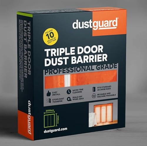 dustguard, Triple Door Dust Barrier, Easy Install (215cm H x 200cm W) Seals Off Work Area. *Professional Grade* Machine Washable & Reusable Patented Design. Includes 10m Duct Tape.