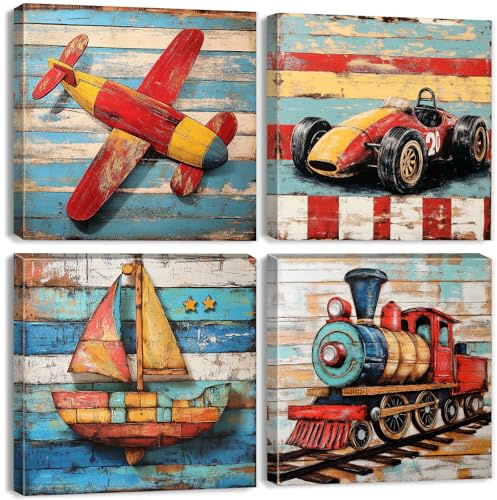Kinder-Wandkunst, Bau, Transport, Wanddekoration, Cartoon-Zug, Auto, Fahrzeug, Leinwanddrucke, Poster für Kleinkinder, Kinderzimmer, Schlafzimmer, Vintage-Flugzeug, Schiff, Bilder, Kunstwerk