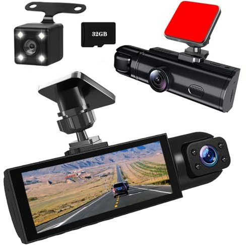 1080P Dashcam Voiture Avant Arrière Intérieur, avec Carte SD 32GB, Caméra de Voiture avec Surveillance de Stationnement, Détection de Mouvement, 170° Grand Angle 3 Canaux avec Fil, G-Sensor