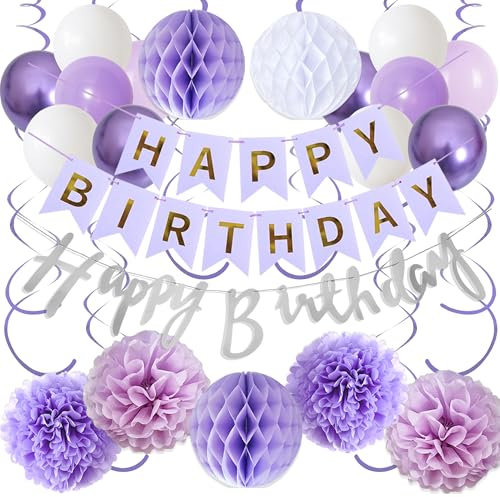 Geburtstag Deko Girlande Ballons Set - Lila Geburtstagsdeko Happy Birthday Banner Luftballons und Spiralen, Papier Pompons Wabenbälle für Frauen Mädchen Geburtstagsfeier