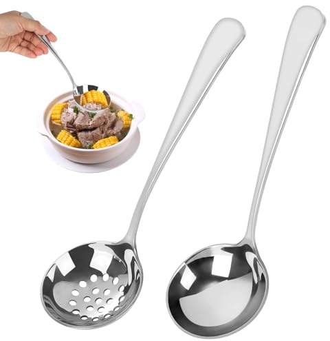 2 Stücke Schaumlöffel Und Suppenkelle Edelstahl Set, 20cm Schöpfkelle Poliert, Soßenlöffel, Schlitzlöffel zum Kochen Edelstahl, Spülmaschinengeeignet, Schöpflöffel für Servieren, Brühe und Saucen