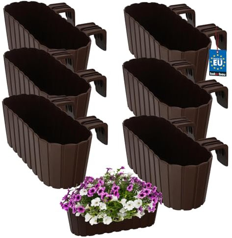 KOTARBAU® Set di 6 vasi da fiori, 40 x 15 x 15 cm, marrone, in PVC, per balcone, con supporto, per esterni, ringhiera rialzata, balcone, vaso per fiori da balcone