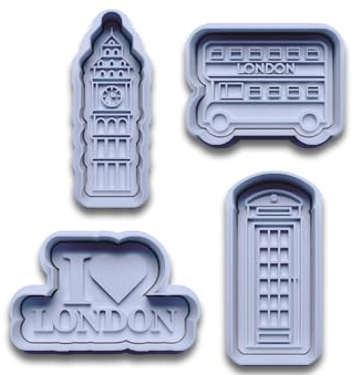 London Keksausstecher Set – 4-teilig mit Big Ben, Telefonzelle, Doppeldeckerbus & I Love London Schriftzug aus PLA – Geschenkidee für London-Fans