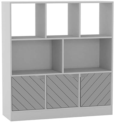 URBNLIVING White 8 Cube Asymmetrical Storage Cabinet – Freestanding Display Bookcase with 3 Doors for Home & Office - Line Design Doors - Grey