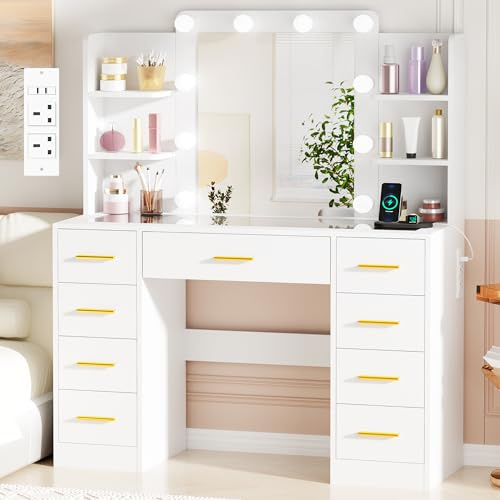 BEWISHOME Dressing Table with Mirror and Lights,Vanity Desk with Glass Top & Power Outlet,Modern Vanity Table with 9 Drawers and 4 Storage Shelves,White Makeup Desk for Bedroom YFST39W