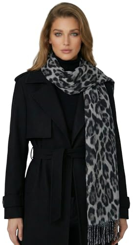Baesics Leo Schal Damen Herren - Animal Print Winterschal Webschal weich | Weich gewebt mit Fransen, Maße ca. 170 x 65 cm, angenehm warm. Animal Print für Mantel, Büro und als Geschenk