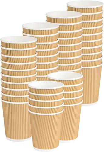 Gobelets en papier ondulé coupe jetable triple couche double paroi isolante Havane Beige – recyclables PE à emporter restauration pour café long, thé, Cappuccino, Cocktail, tisane, vin (237 ml/8 oz