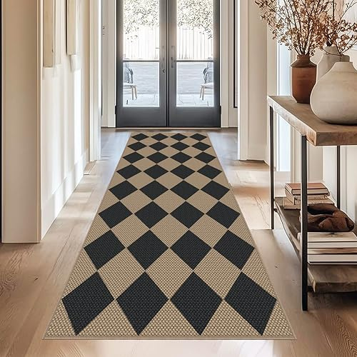 Capslpad Teppich Läufer Flur 80x200cm, Raute Jute Aussehen Küchenteppich Natürlich Waschbar Outdoor Teppich Schwarz rutschfest Küchenläufer für Flur, Küche, Schlafzimmer, Balkon, Terrasse