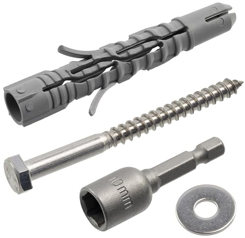 AERZETIX - Set mit 8 Dübeln Ø10x70 mm aus Nylon + 8 Edelstahlschrauben Ø6x70 mm A2 + 8 große Unterlegscheiben A2 für M6 Schrauben + 1 Innensechskant-Bit 1/4 SW10