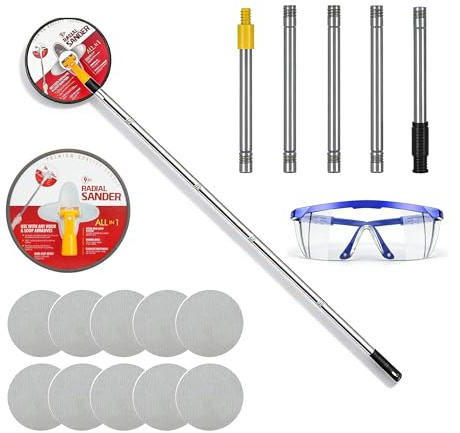 Pole Sander for Drywall & Walls – 360° Rotating Sanding Head with Extendable Handle, Includes Safety Goggles & 10 Sandpapers (80/100/120/180/240 Grit) for Home Renovation, Painting Walls & Ceilings