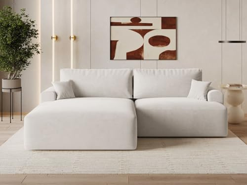 GRAINGOLD Serene L Ecksofa modern mit Bettfunktion, 259x145 cm, L-Form Sofa, Schlafcouch für Wohnzimmer, Velvet-Stoff, 3-Sitzer Eckcouch, Ecksofa mit Bettkasten (Hellbeige, Links)