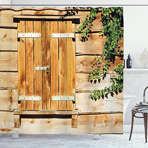 ABAKUHAUS Rustikal Duschvorhang, Land Fensterläden, Stoffliches Gewebe Badezimmerdekorationsset mit Haken, 175 x 240 cm, Beige Grün