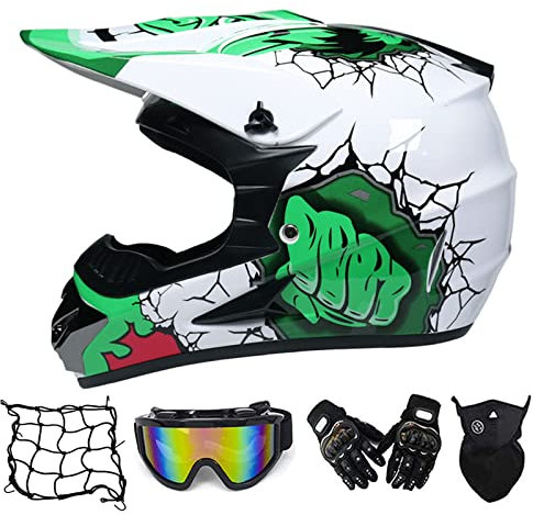 MRDEAR Motorrad Crosshelm Schwarz Grün Motocross Helm Set mit Brille (4 Stück), Fullface MTB Helm Kinder Cross Helm Motorradhelm Fahrrad Enduro Downhill BMX Off Road ATV,L