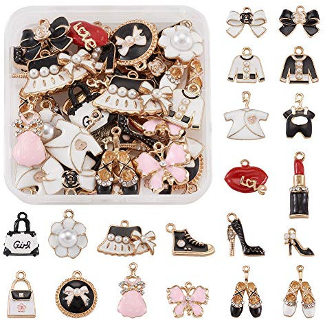 Cheriswelry Emaille-Anhänger mit Frauenmotiven, vergoldet, Make-up, Lippenstift, High Heels, Schleife, Handtasch, für Schmuckherstellung, 40 Stück